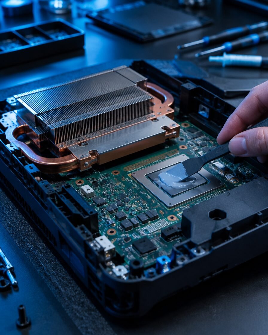 Disassembled game console getting fresh thermal paste on the mainboard
