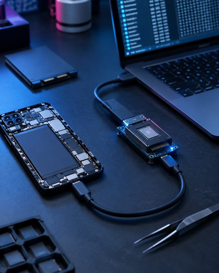 Data recovery setup: opened phone connected to a laptop with a NAND reader