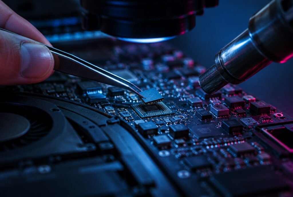 Laptop logic board under the microscope with tweezers removing a chip