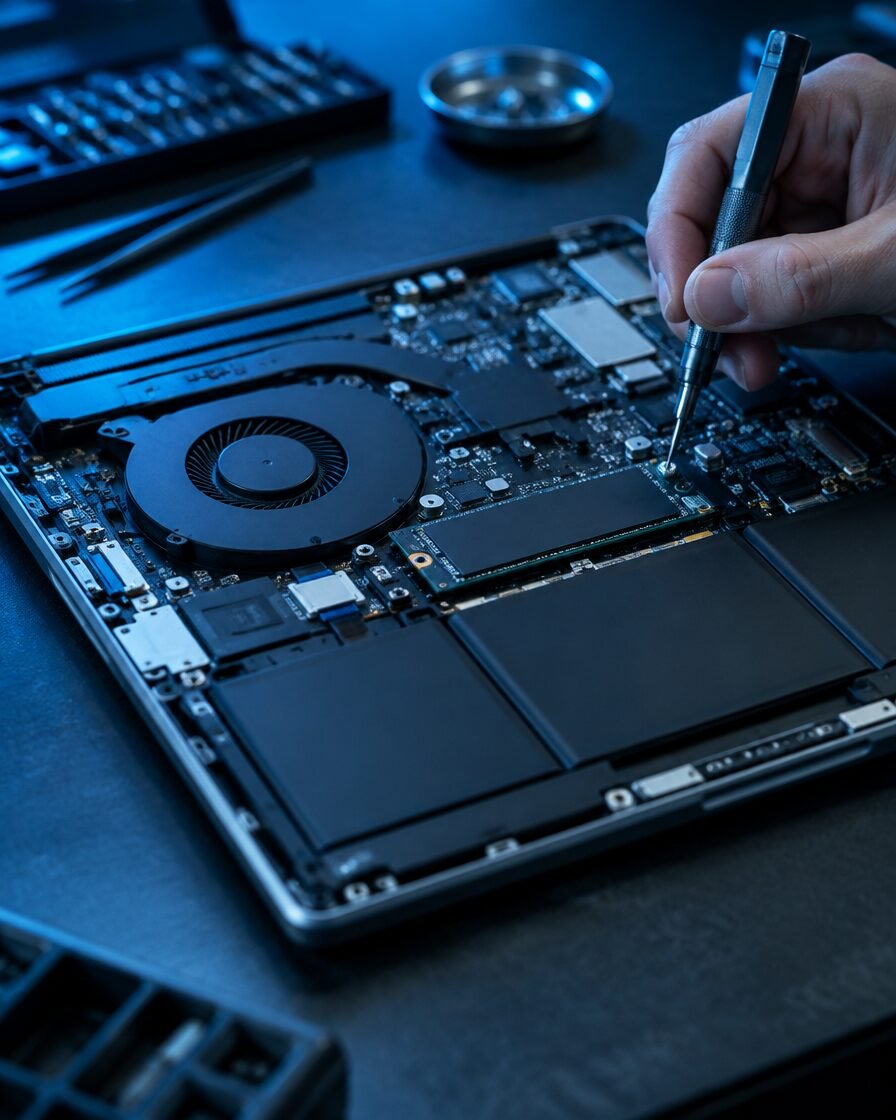 Open laptop on the bench with the motherboard, fan and SSD exposed for repair